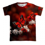 3D футболка с бело-красными цветами и бабочкой