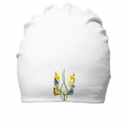 Бавовняна шапка з гербом України із акварельних квітів